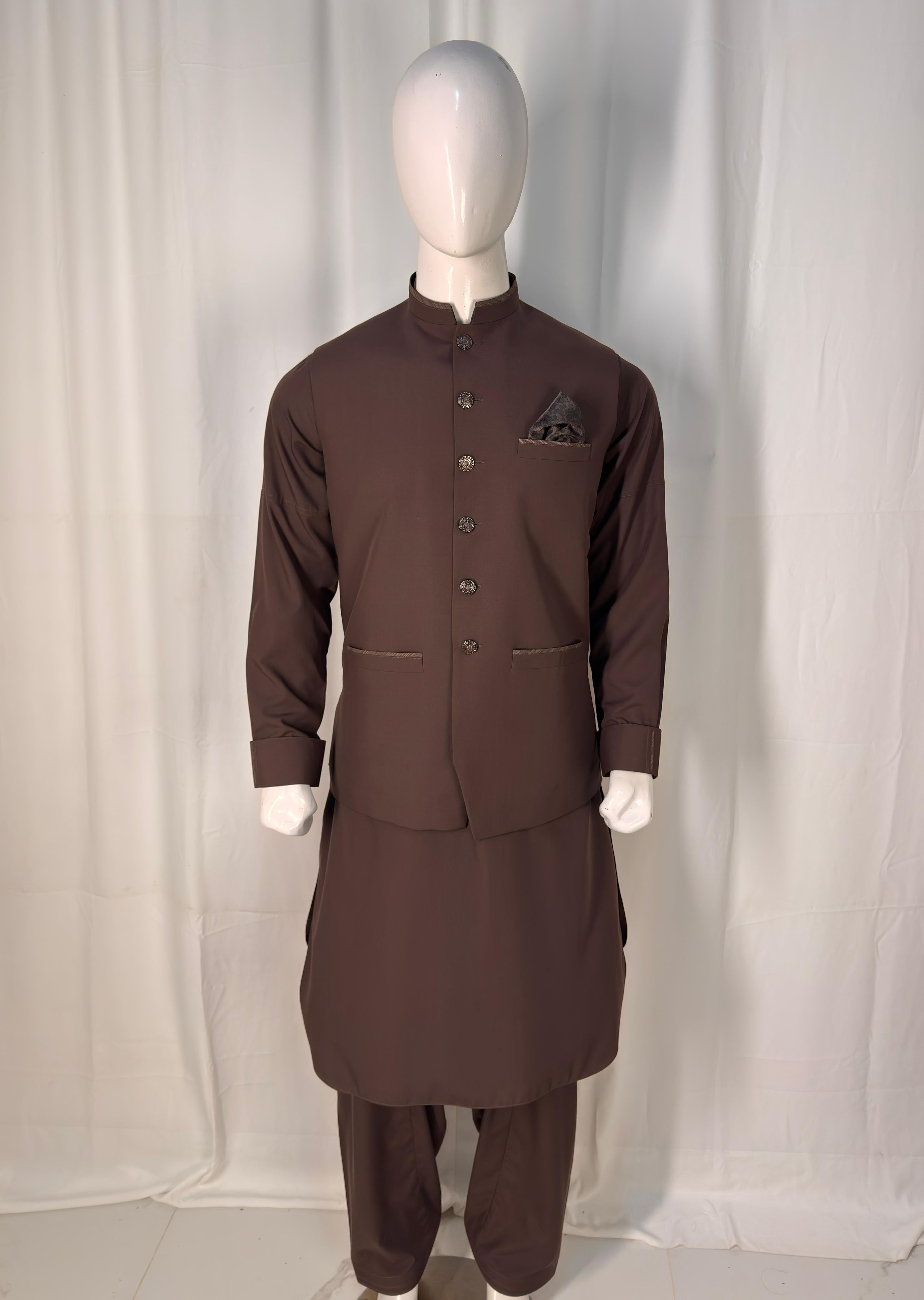 Chocolate brown Wash & Wear Suit with Waistcoat